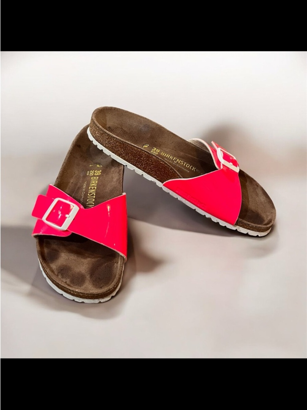 Birkenstock Madrid Neon Pink Patent Slide Sandals Size 39 or 8
